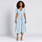 Floral Wrap Midi Dress Women's V-Neck Short Sleeve Belted