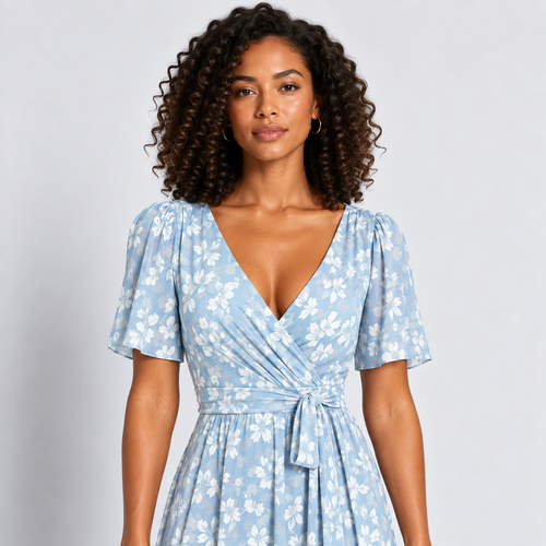Floral Wrap Midi Dress Women's V-Neck Short Sleeve Belted