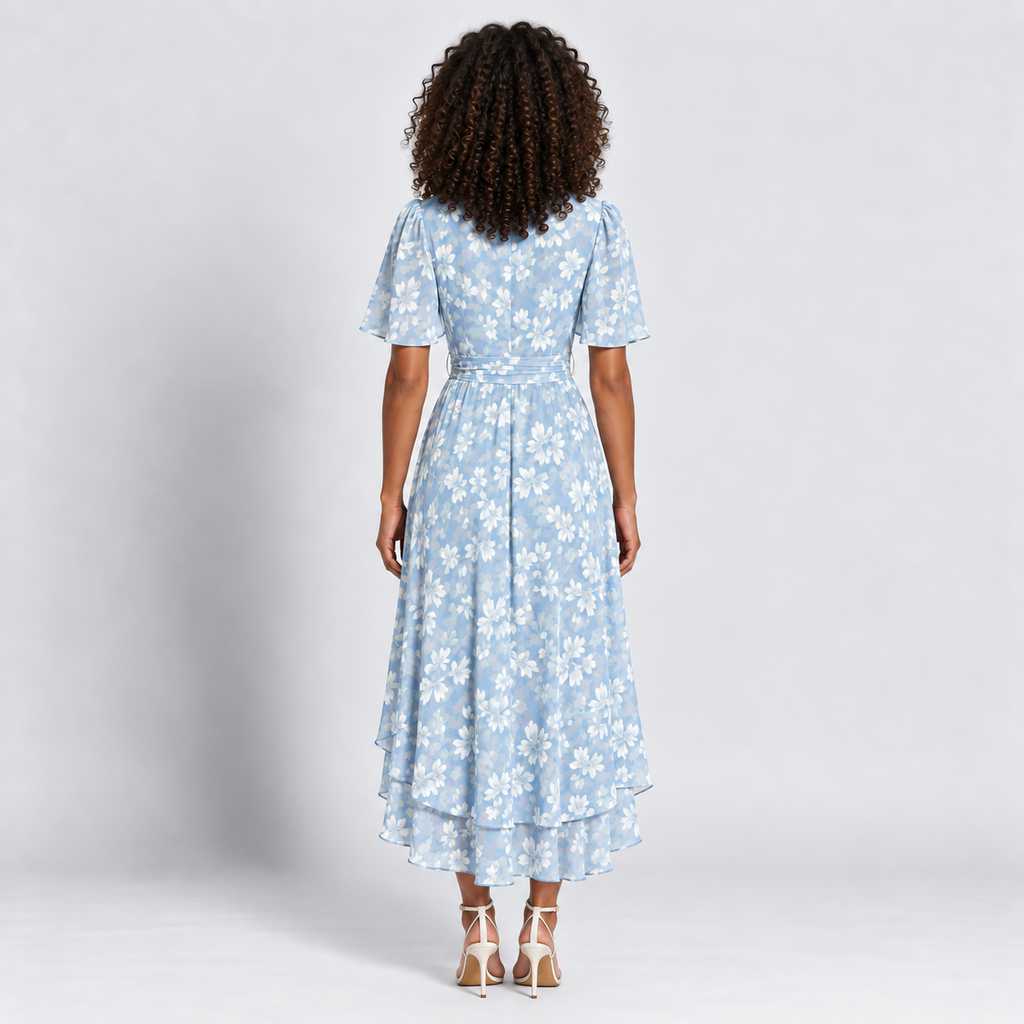Floral Wrap Midi Dress Women's V-Neck Short Sleeve Belted