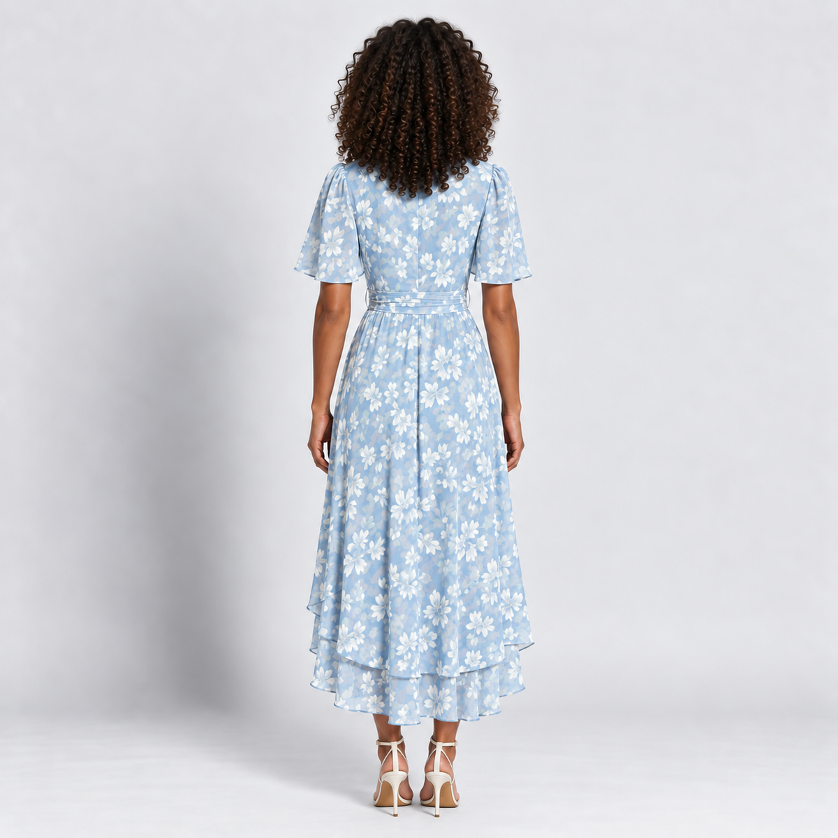 Floral Wrap Midi Dress Women's V-Neck Short Sleeve Belted