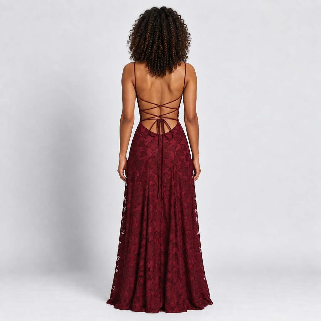 Lace Maxi Dress Women's Backless Lace-Up A-Line Sleeveless