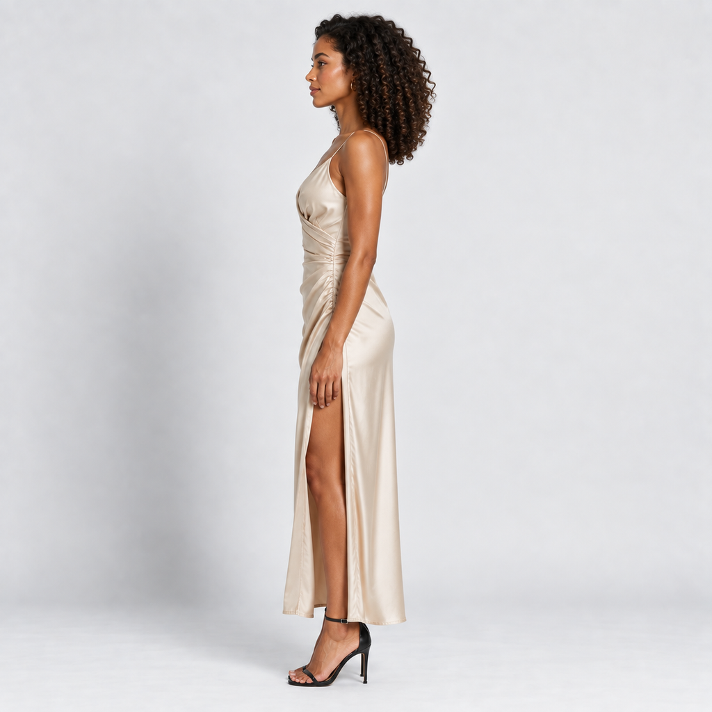 Satin Dress Women's Slim Fit V-Neck Slit Evening
