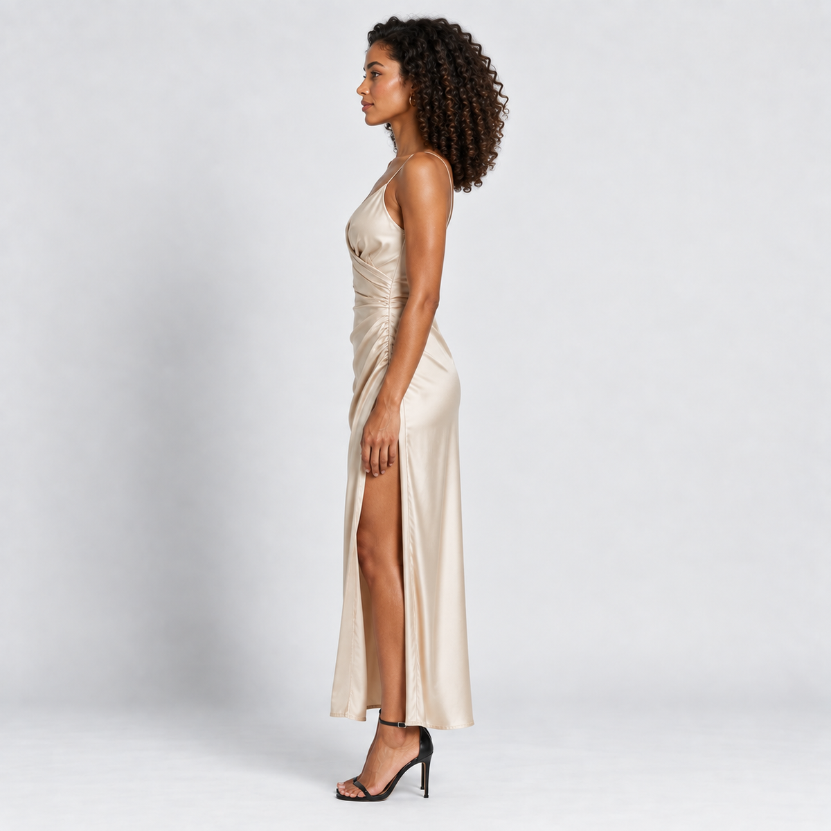 Satin Dress Women's Slim Fit V-Neck Slit Evening