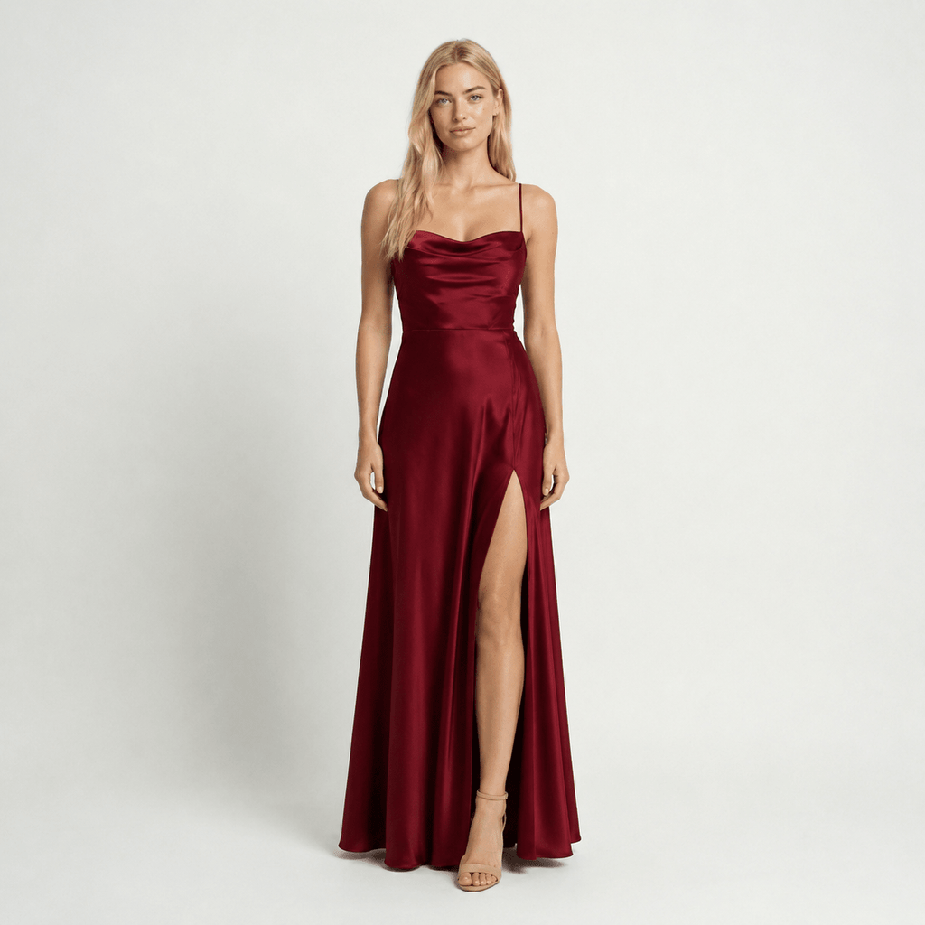 Women's Wedding Guest Prom Dress Satin Cowl-Neck Maxi