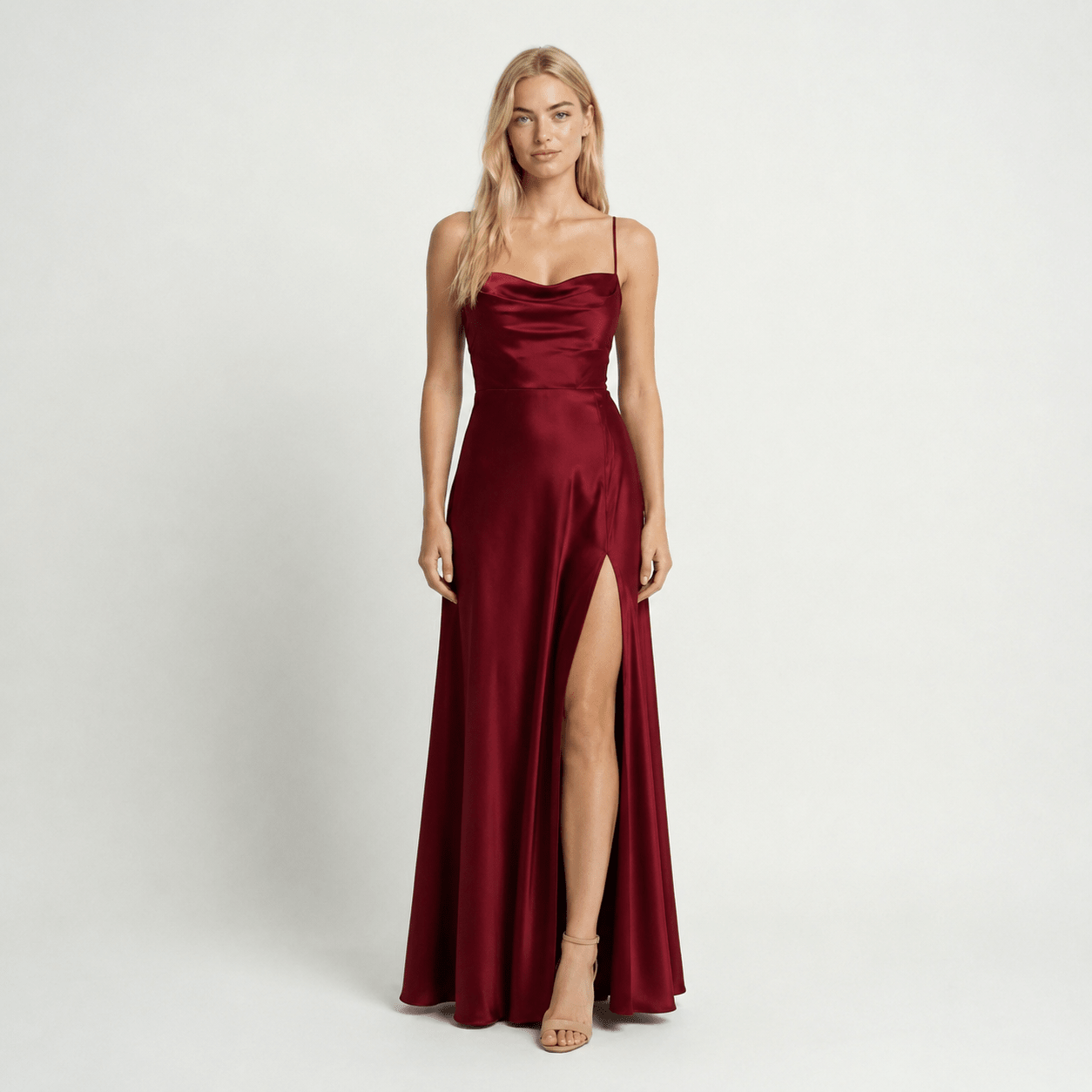 Women's Wedding Guest Prom Dress Satin Cowl-Neck Maxi