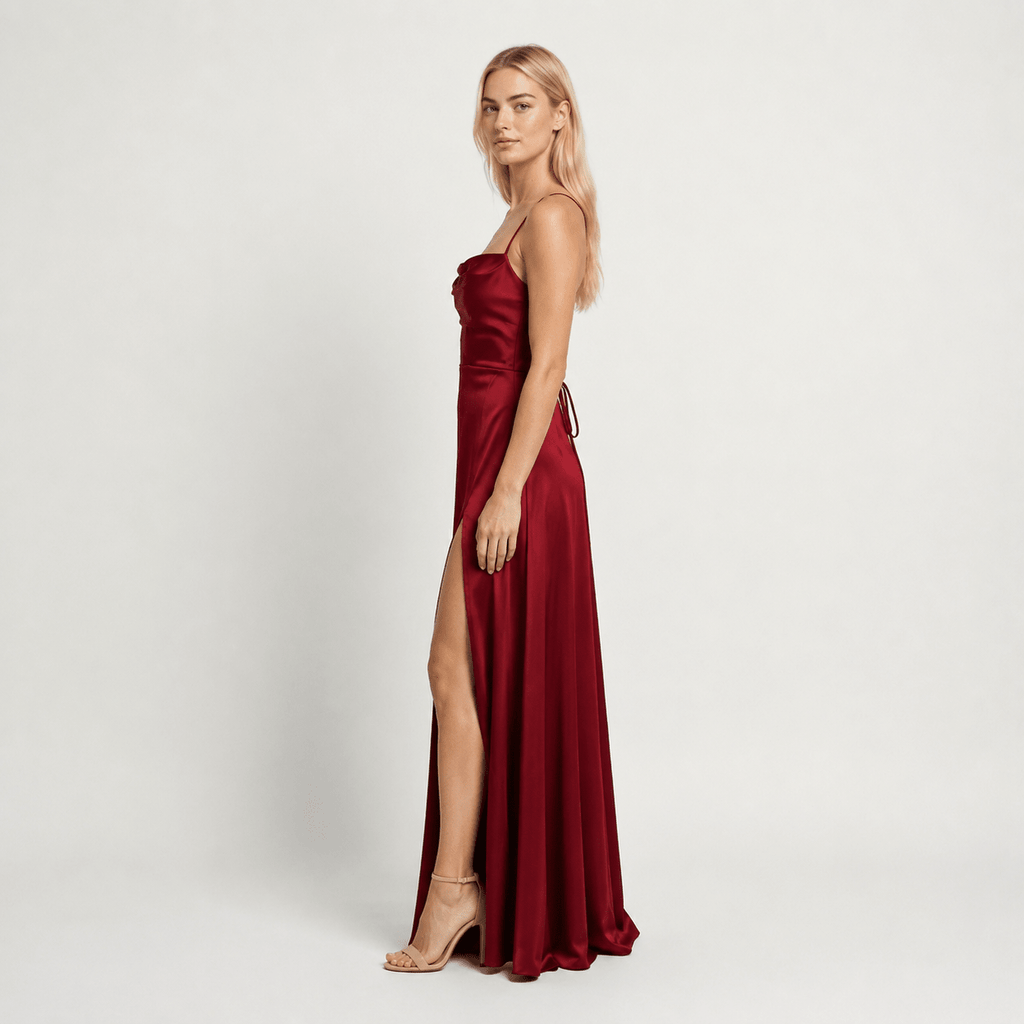 Women's Wedding Guest Prom Dress Satin Cowl-Neck Maxi