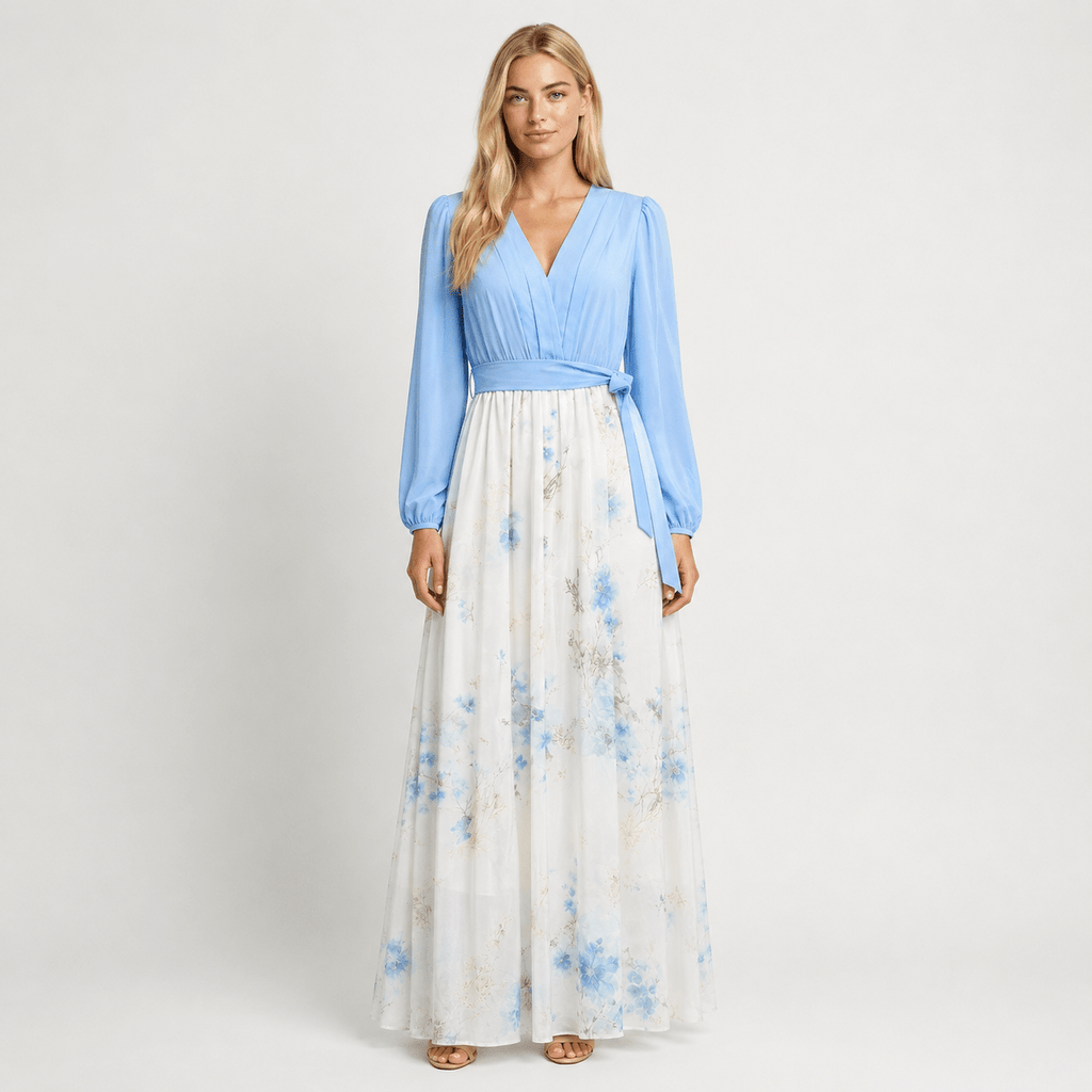 Women's Wedding Guest Floral Maxi Dress V-Neck Long Sleeve