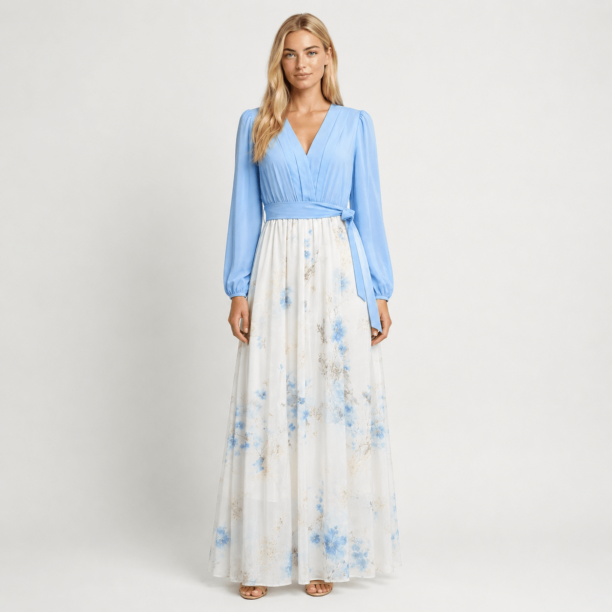 Women's Wedding Guest Floral Maxi Dress V-Neck Long Sleeve
