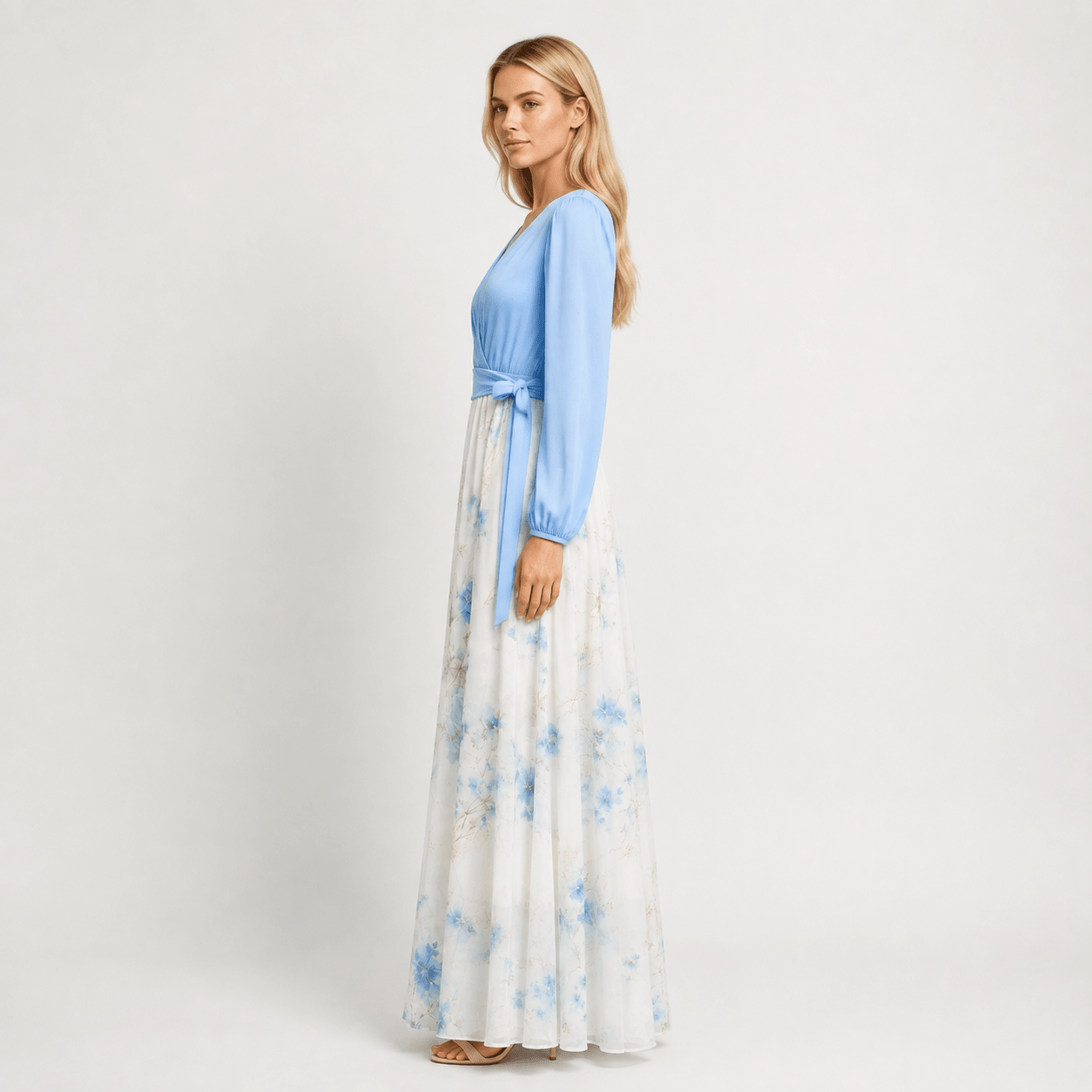 Women's Wedding Guest Floral Maxi Dress V-Neck Long Sleeve